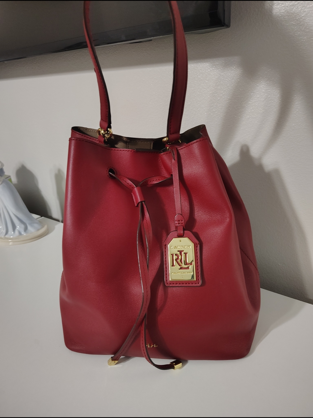 Ralph Lauren Red Leather Drawstring Bucket Bag